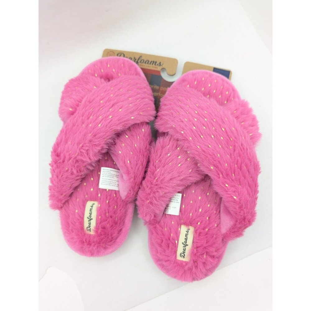 Dearfoams US size 2-3 Fluffy Hot Pink Sparkle Slip On Memory Foam Slippers New